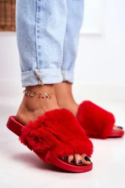 Klapki Z Futerkiem|Klapki Damskie Klasyczne>Boto Gumowe Klapki Z Futerkiem Czerwone Sensitive