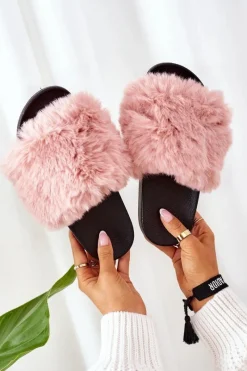 Online Gumowe Klapki Z Futerkiem Różowe Soft Damskie Klapki Z Futerkiem|Klapki Damskie Klasyczne