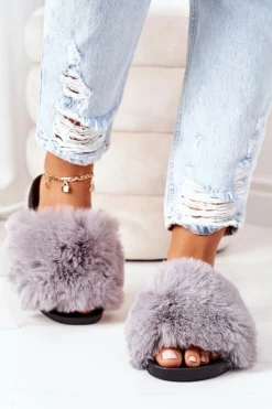 Klapki Z Futerkiem|Klapki Damskie Klasyczne>Boto Gumowe Klapki Z Futerkiem Szare Soft