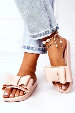 Online Boto Gumowe Klapki Z Kokardą Beżowe April