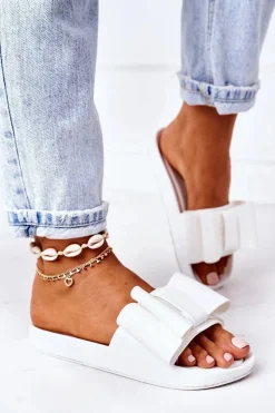 Klapki Damskie Klasyczne>Boto Gumowe Klapki Z Kokardą Białe April