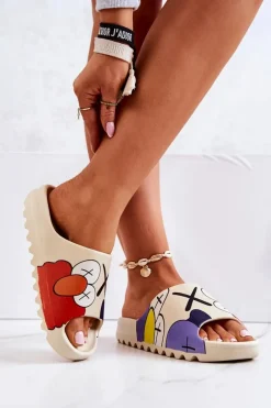 Klapki Damskie Klasyczne>Boto Gumowe Klapki Z Nadrukiem Beżowe Monsters