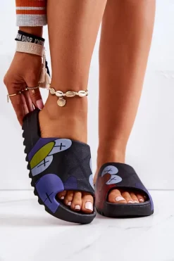 Discount Gumowe Klapki Z Nadrukiem Czarne Monsters Damskie Klapki Damskie Klasyczne