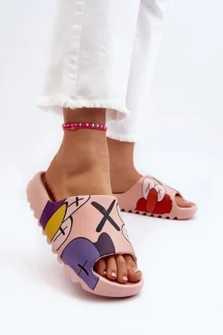 Discount Gumowe Klapki Z Nadrukiem Różowe Monsters Damskie Klapki Damskie Klasyczne