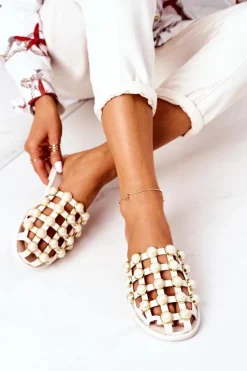 Klapki Damskie Klasyczne>Boto Gumowe Klapki Z Perłami Lu Boo Beżowe