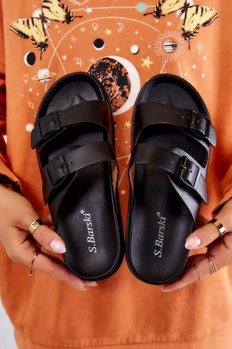 Klapki Damskie Klasyczne>Damskie buty S.Barski Gumowe Klapki Ze Sprzączką Czarne Corina