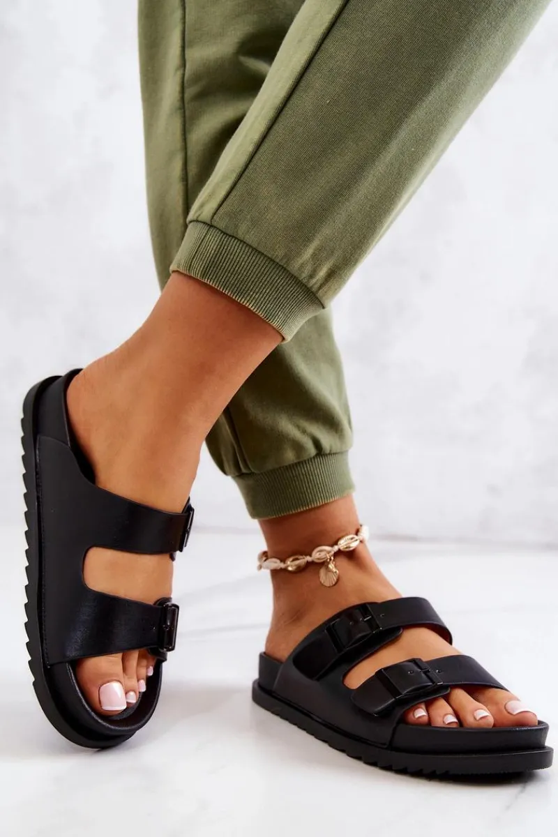 Klapki Damskie Klasyczne>Damskie buty S.Barski Gumowe Klapki Ze Sprzączką Czarne Corina