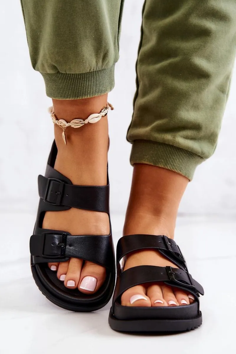 Klapki Damskie Klasyczne>Damskie buty S.Barski Gumowe Klapki Ze Sprzączką Czarne Corina