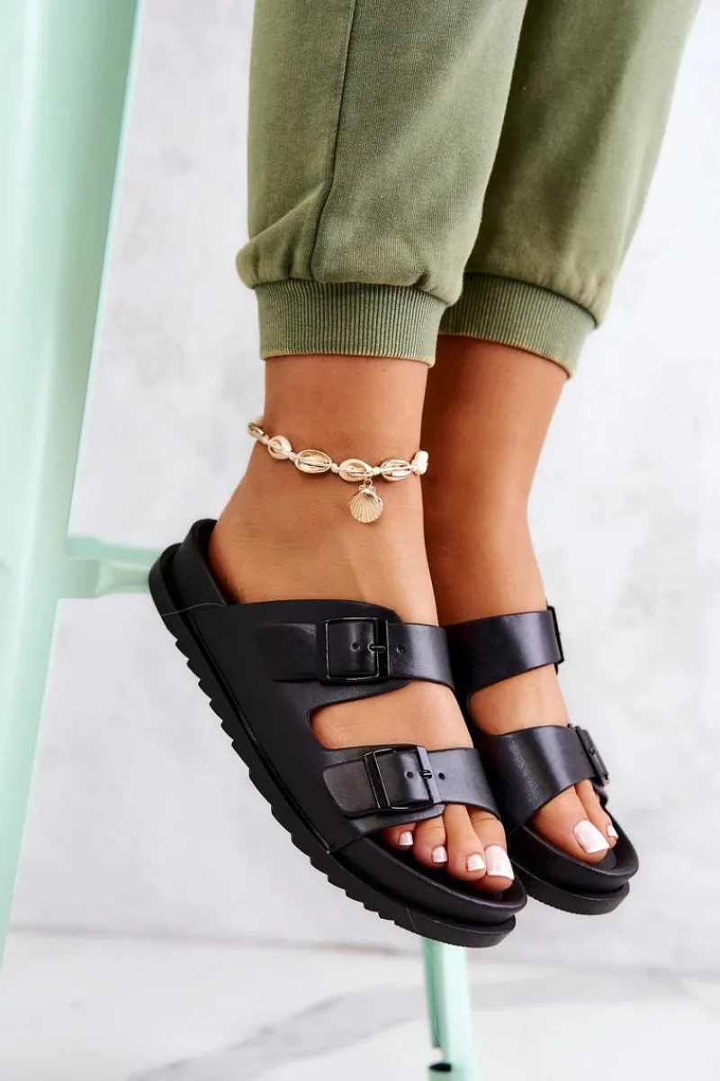 Klapki Damskie Klasyczne>Damskie buty S.Barski Gumowe Klapki Ze Sprzączką Czarne Corina