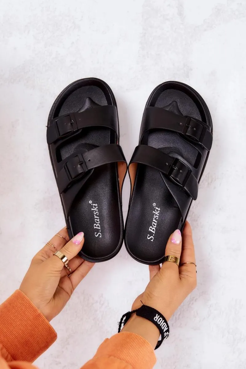 Klapki Damskie Klasyczne>Damskie buty S.Barski Gumowe Klapki Ze Sprzączką Czarne Corina