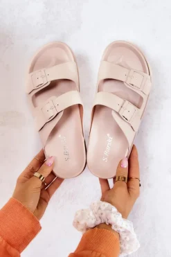 Online Damskie buty S.Barski Gumowe Klapki Ze Sprzączką Beżowe Corina