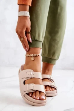 Online Damskie buty S.Barski Gumowe Klapki Ze Sprzączką Beżowe Corina