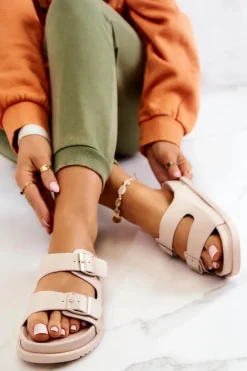 Online Damskie buty S.Barski Gumowe Klapki Ze Sprzączką Beżowe Corina