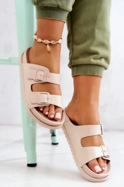 Online Damskie buty S.Barski Gumowe Klapki Ze Sprzączką Beżowe Corina