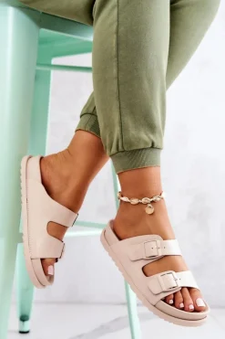 Online Damskie buty S.Barski Gumowe Klapki Ze Sprzączką Beżowe Corina