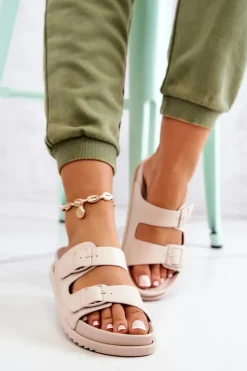 Online Damskie buty S.Barski Gumowe Klapki Ze Sprzączką Beżowe Corina