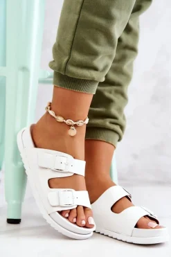 Clearance Damskie buty S.Barski Gumowe Klapki Ze Sprzączką Białe Corina Biały