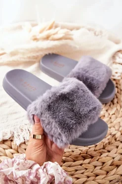 Gumowe Profilowane Klapki Z Futerkiem Szare Emmie Damskie Kapcie Klasyczne|Klapki Z Futerkiem