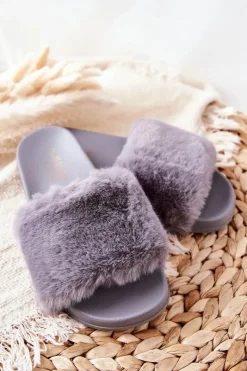 Gumowe Profilowane Klapki Z Futerkiem Szare Emmie Damskie Kapcie Klasyczne|Klapki Z Futerkiem