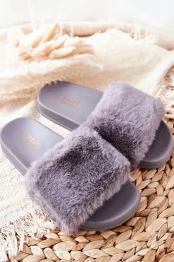 Gumowe Profilowane Klapki Z Futerkiem Szare Emmie Damskie Kapcie Klasyczne|Klapki Z Futerkiem