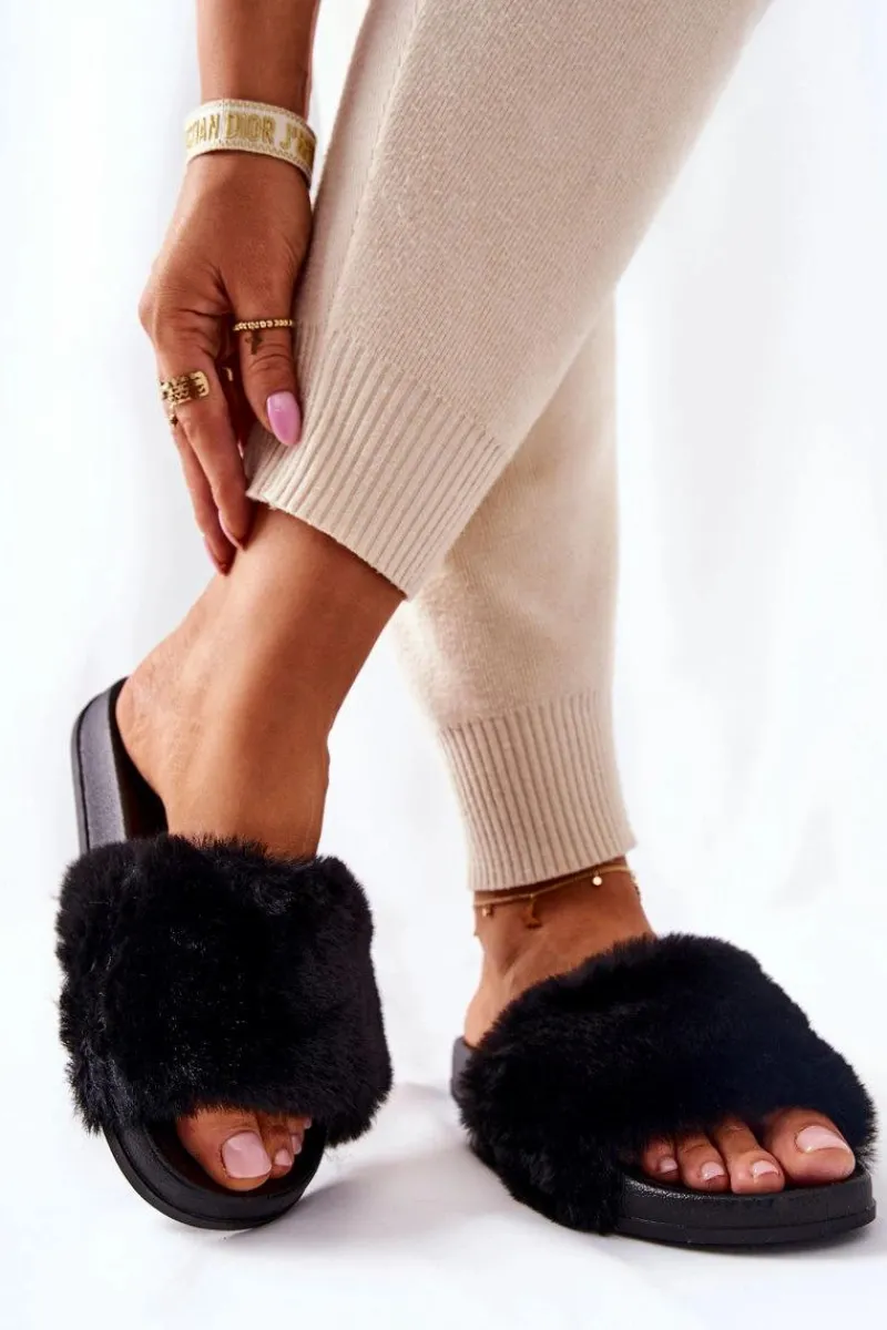 Clearance Boto Gumowe Profilowane Klapki Z Futerkiem Czarne Emmie