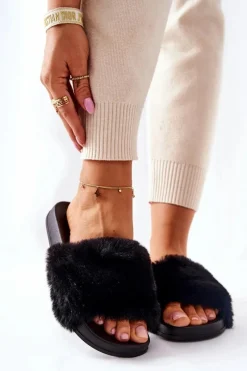 Clearance Boto Gumowe Profilowane Klapki Z Futerkiem Czarne Emmie