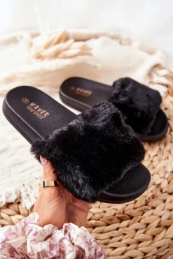 Clearance Boto Gumowe Profilowane Klapki Z Futerkiem Czarne Emmie