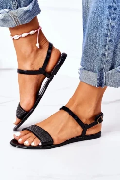 Online Gumowe Sandaly Z Brokatem Czarne Beach Time Damskie Sandały Gumowe|Sandały Płaskie