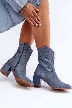 Botki Wiosenne|Botki Ażurowe>Boto Jeansowe Botki Z Ażurową Cholewką Na Klocku Niebieskie Irvelame