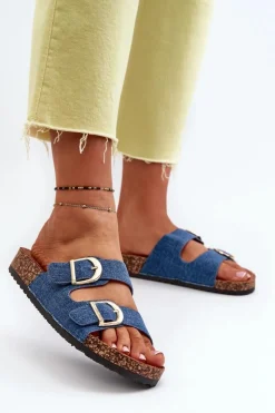 Klapki Korkowe|Klapki Na Platformie>Boto Jeansowe Damskie Klapki Na Korkowej Platformie Z Paskami Ciemnoniebieskie Doretta