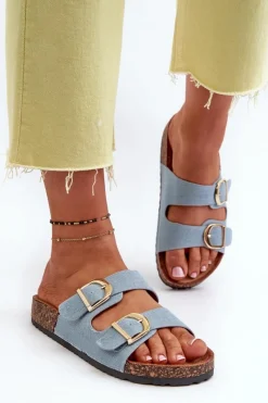 Klapki Korkowe|Klapki Na Platformie>Boto Jeansowe Damskie Klapki Na Korkowej Platformie Z Paskami Niebieskie Doretta