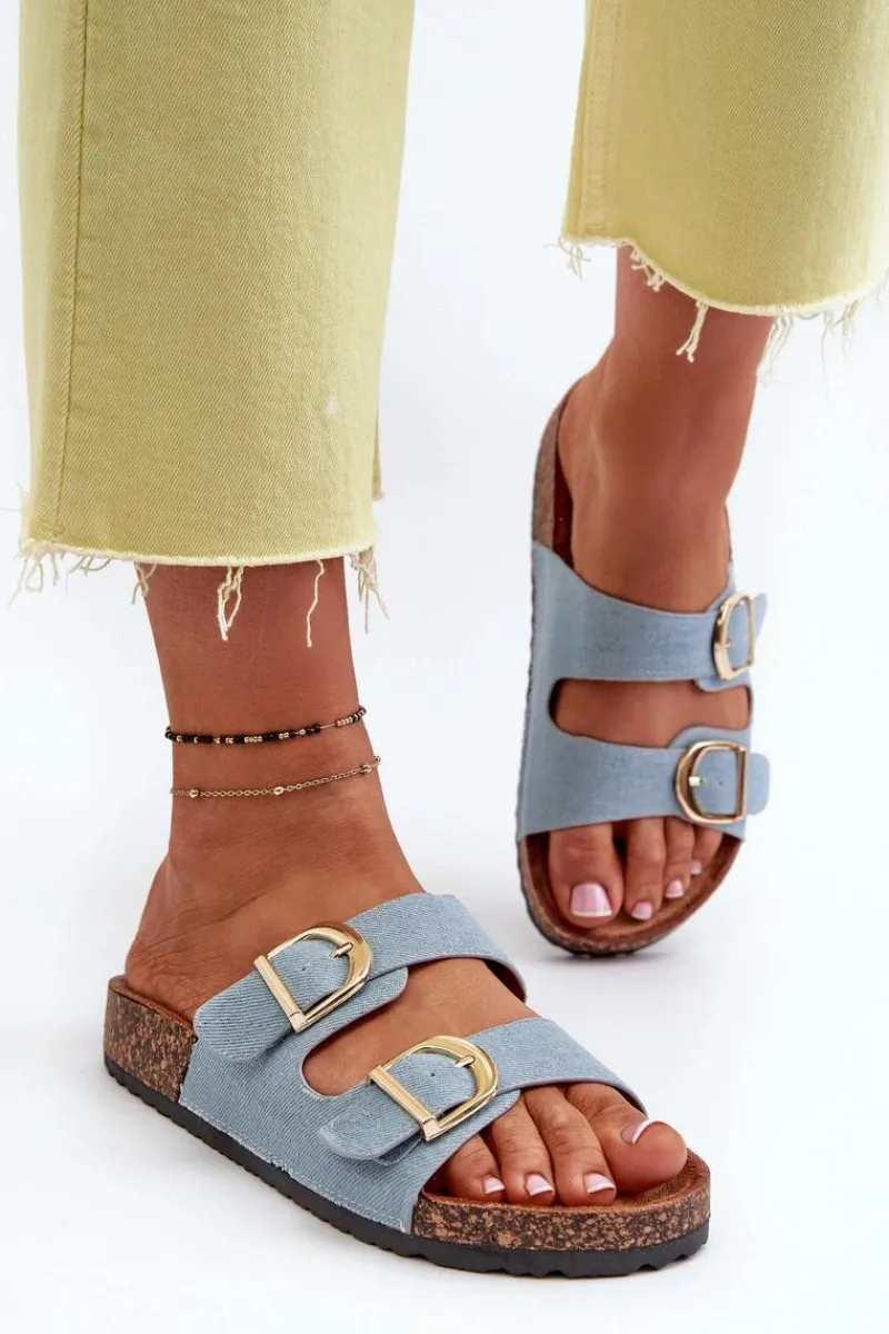 Klapki Korkowe|Klapki Na Platformie>Boto Jeansowe Damskie Klapki Na Korkowej Platformie Z Paskami Niebieskie Doretta