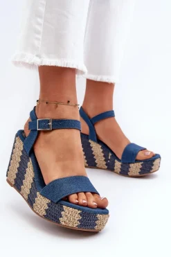 Best Boto Jeansowe Sandały Damskie Na Koturnie Z Plecionką Niebieskie Reviala