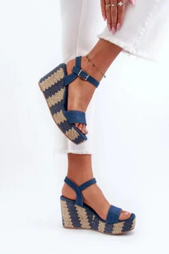 Best Boto Jeansowe Sandały Damskie Na Koturnie Z Plecionką Niebieskie Reviala