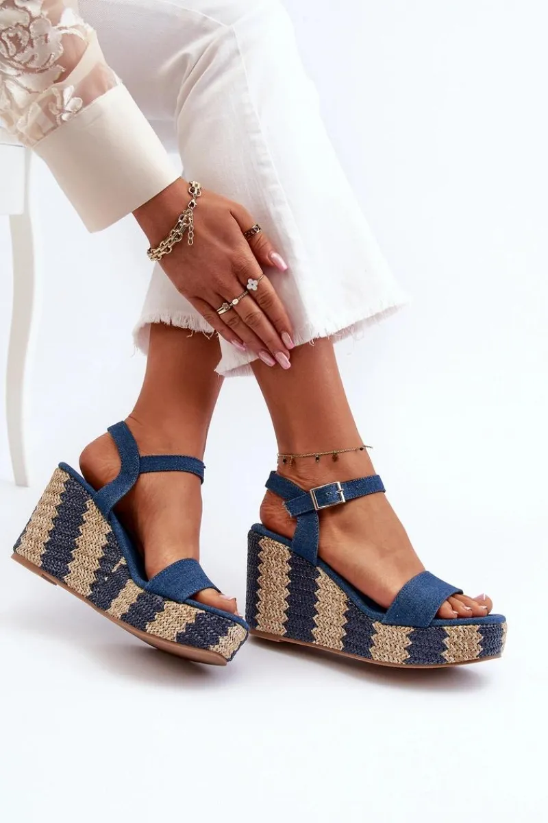 Best Boto Jeansowe Sandały Damskie Na Koturnie Z Plecionką Niebieskie Reviala