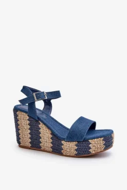 Best Boto Jeansowe Sandały Damskie Na Koturnie Z Plecionką Niebieskie Reviala