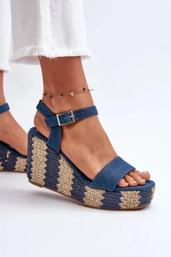 Best Boto Jeansowe Sandały Damskie Na Koturnie Z Plecionką Niebieskie Reviala