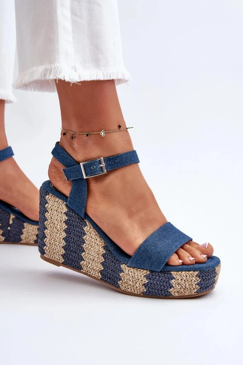 Best Boto Jeansowe Sandały Damskie Na Koturnie Z Plecionką Niebieskie Reviala