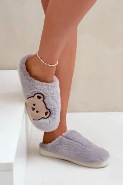 Online Kapcie Damskie Futrzane Z Misiem Szare Fiorinella Damskie Kapcie Klasyczne