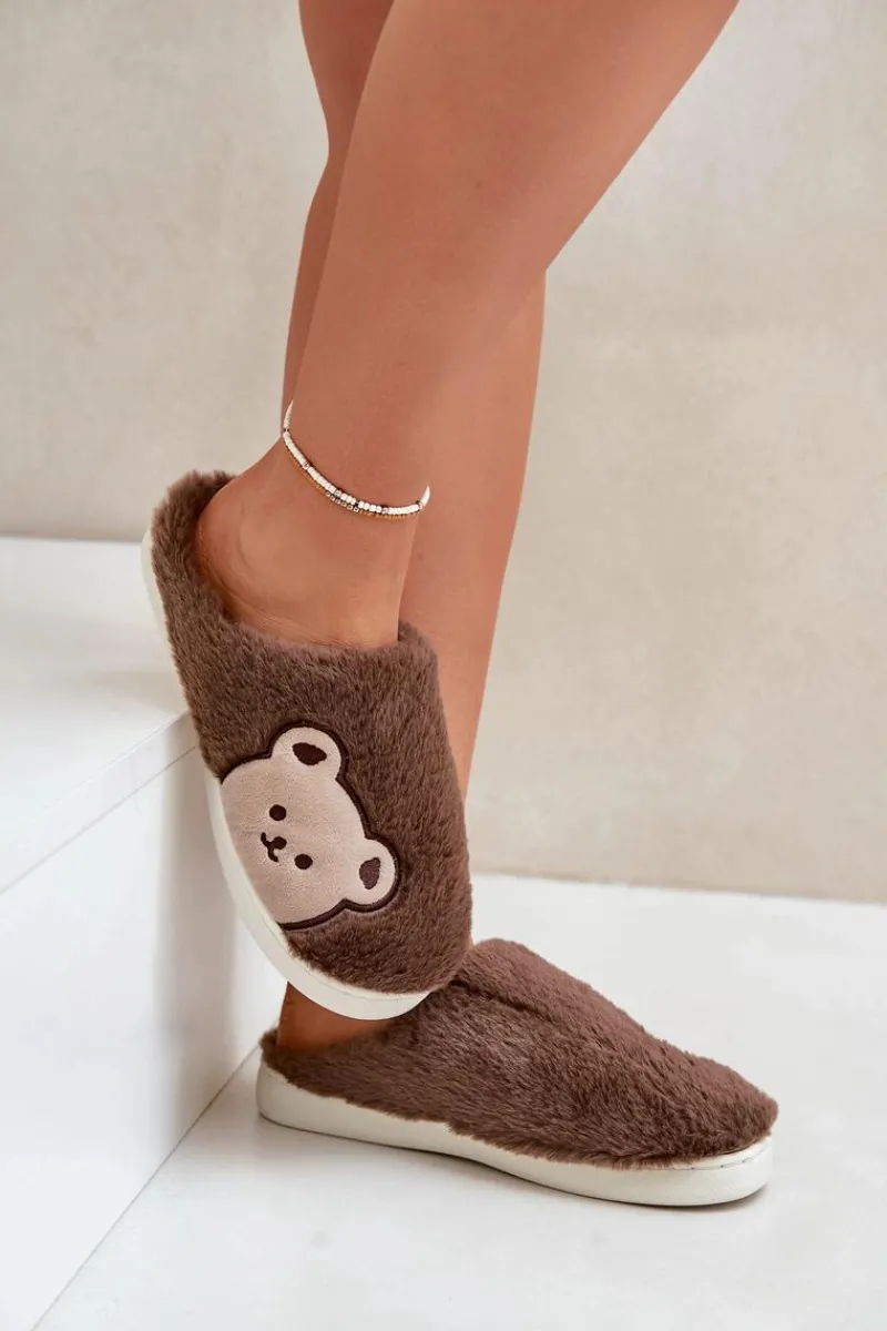 Kapcie Damskie Futrzane Z Misiem Brązowe Fiorinella Damskie Kapcie Klasyczne