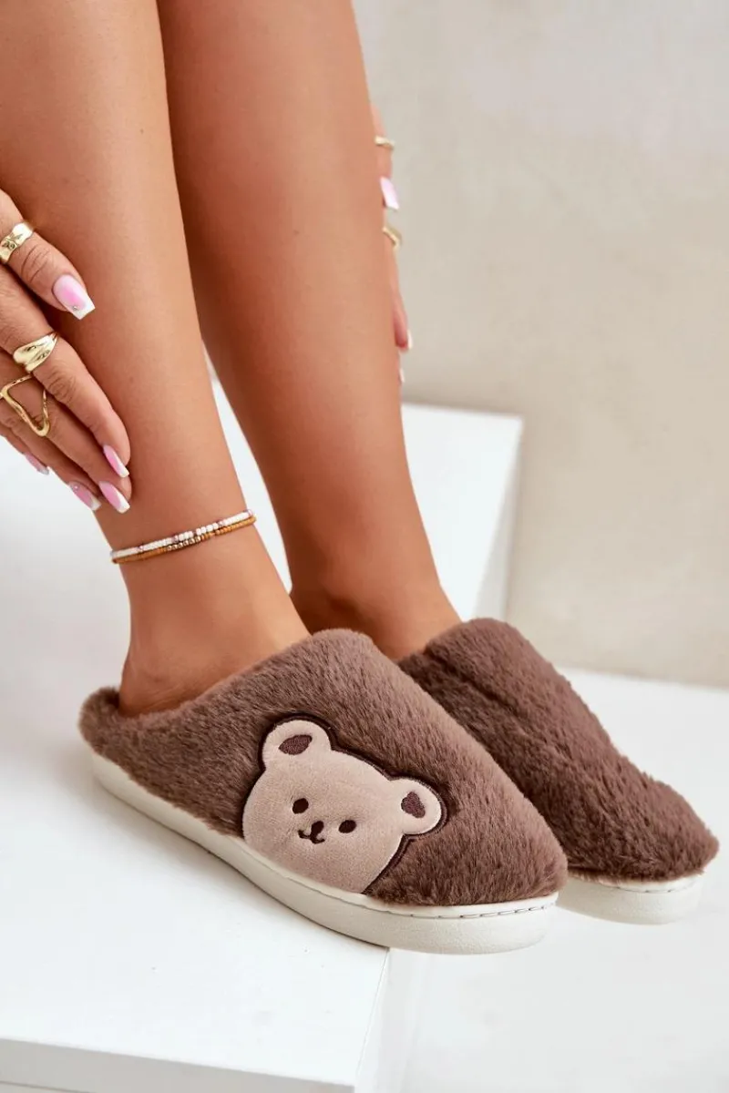 Kapcie Damskie Futrzane Z Misiem Brązowe Fiorinella Damskie Kapcie Klasyczne