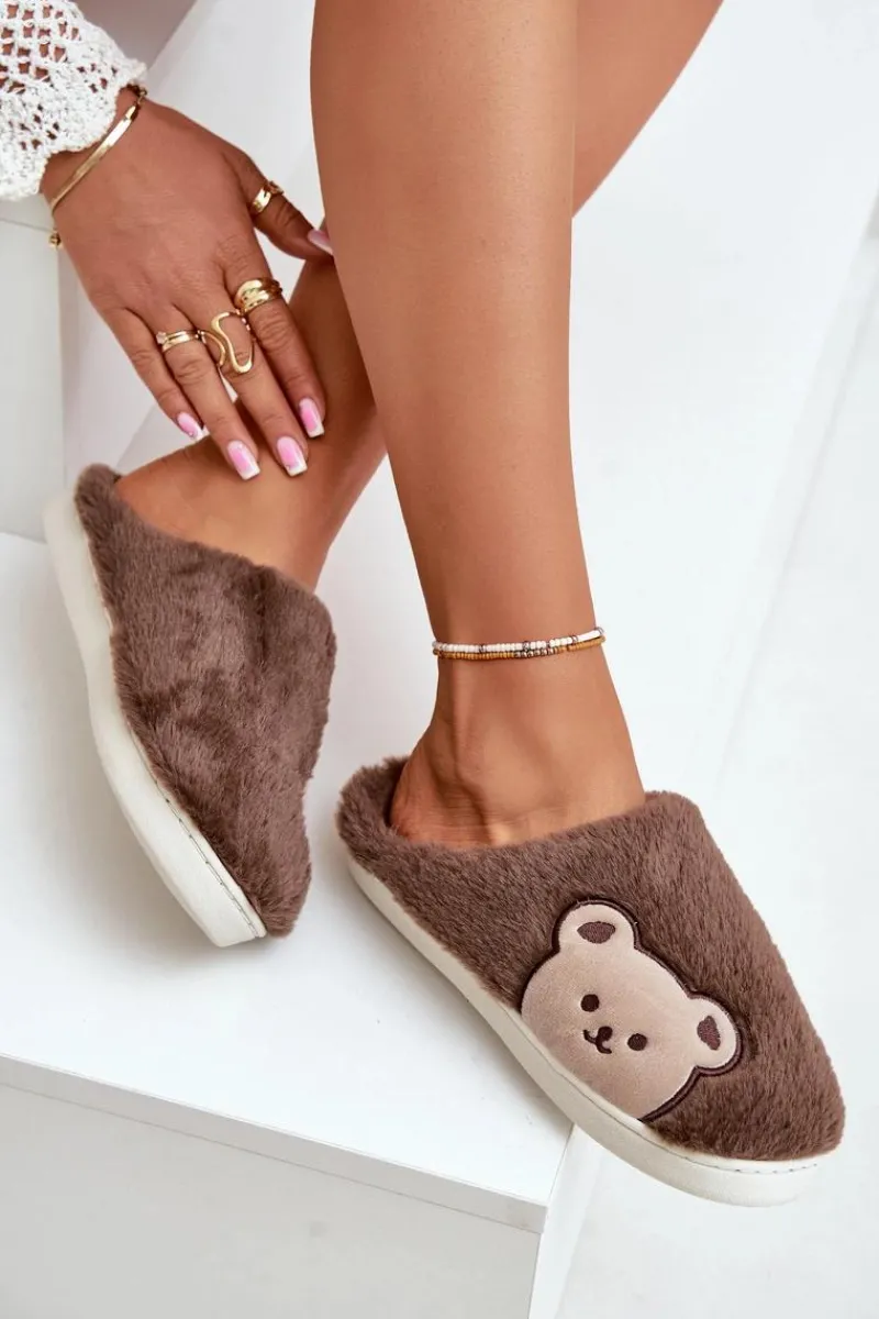 Kapcie Damskie Futrzane Z Misiem Brązowe Fiorinella Damskie Kapcie Klasyczne