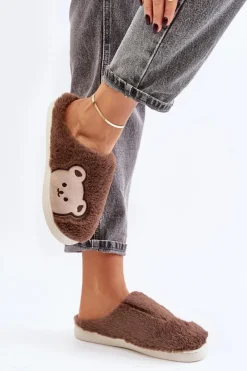 Kapcie Damskie Futrzane Z Misiem Brązowe Fiorinella Damskie Kapcie Klasyczne