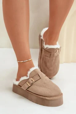 Outlet Boto Kapcie Damskie Na Grubej Podeszwie Z Futerkiem I Klamrą Ciemnobeżowe Linneola Beżowy