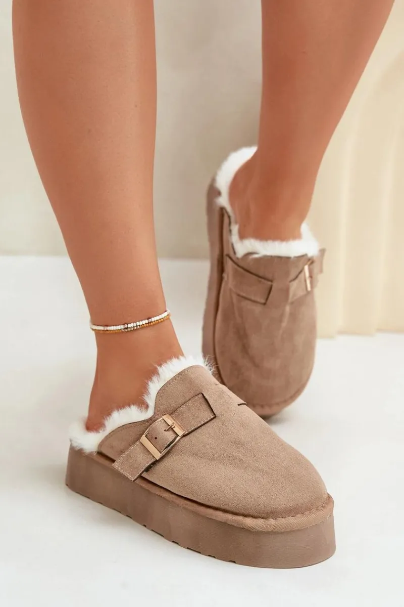 Outlet Boto Kapcie Damskie Na Grubej Podeszwie Z Futerkiem I Klamrą Ciemnobeżowe Linneola Beżowy