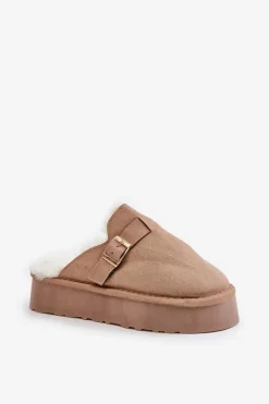 Outlet Boto Kapcie Damskie Na Grubej Podeszwie Z Futerkiem I Klamrą Ciemnobeżowe Linneola Beżowy