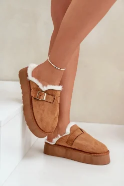 Kapcie Damskie Na Grubej Podeszwie Z Futerkiem I Klamrą Camel Linneola Damskie Kapcie Klasyczne