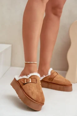 Kapcie Damskie Na Grubej Podeszwie Z Futerkiem I Klamrą Camel Linneola Damskie Kapcie Klasyczne