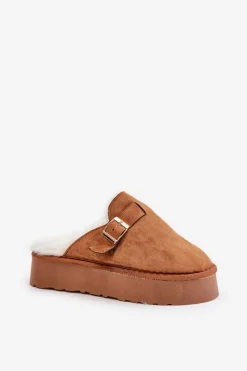 Kapcie Damskie Na Grubej Podeszwie Z Futerkiem I Klamrą Camel Linneola Damskie Kapcie Klasyczne