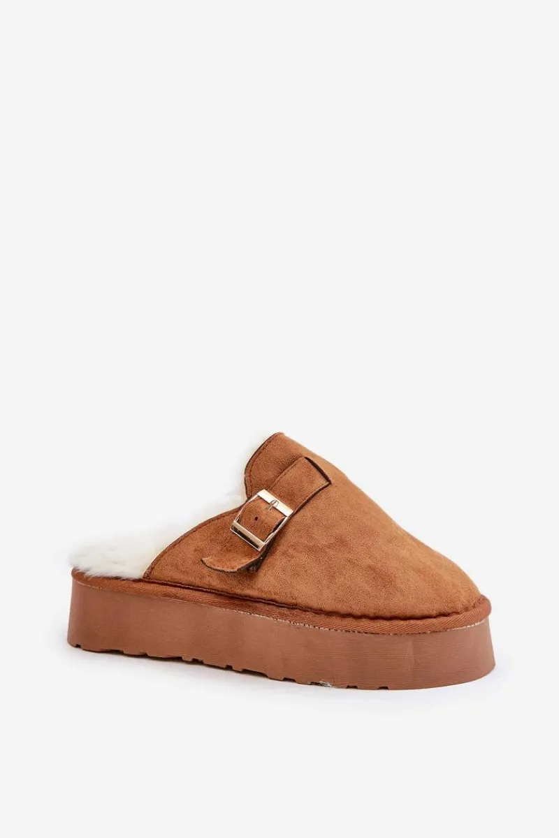 Kapcie Damskie Na Grubej Podeszwie Z Futerkiem I Klamrą Camel Linneola Damskie Kapcie Klasyczne